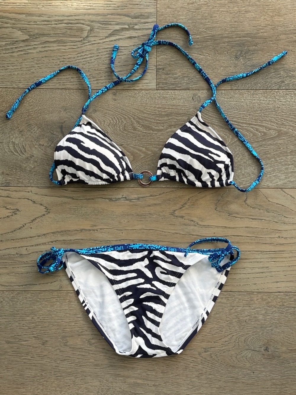 Tommy Bahama 🦓Zebra Navy & White Triangle O-Ring Bikini Top Bright Blue Straps-S